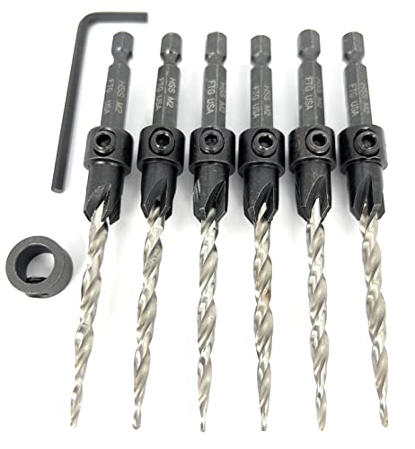 FTG USA 6 Pc #10 (3/16") Tapered Countersink Drill Bit Set with 1 Stop - size: #10, style: Same Sort 6 Pc