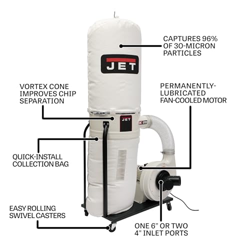 JET Vortex Cone Dust Collector, 30-Micron Bag Filter, 2 HP, 230/460V 3Ph (DC-1200VX-BK3)