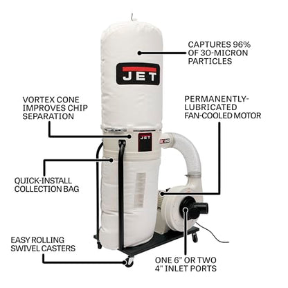 JET Vortex Cone Dust Collector, 30-Micron Bag Filter, 2 HP, 230/460V 3Ph (DC-1200VX-BK3)