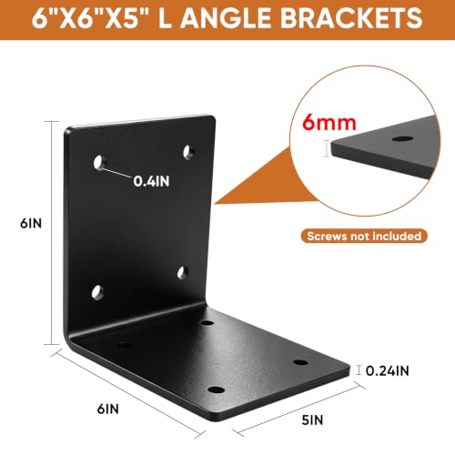 4 Pcs 6"x6"x5" Heavy Duty L Angle Bracket, 6mm, Max Load 300lbs - size: 6×6×5×6