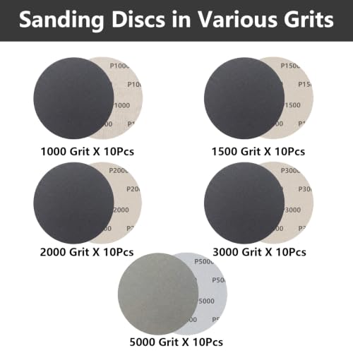 50Pcs 5 Inch Hook & Loop Sanding Discs, 1000 1500 2000 3000 5000 Grit Assortment Wet Dry Silicon Carbide Sandpaper for Automotive Wood Metal Polishing