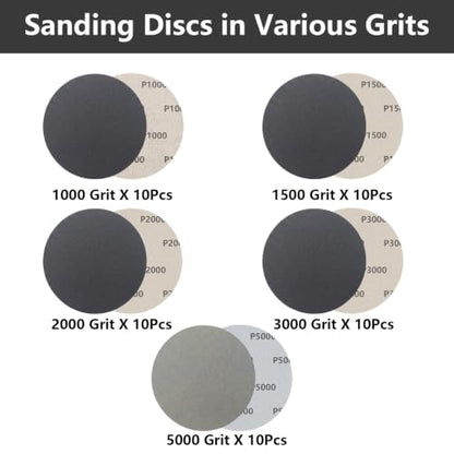50Pcs 5 Inch Hook & Loop Sanding Discs, 1000 1500 2000 3000 5000 Grit Assortment Wet Dry Silicon Carbide Sandpaper for Automotive Wood Metal Polishing