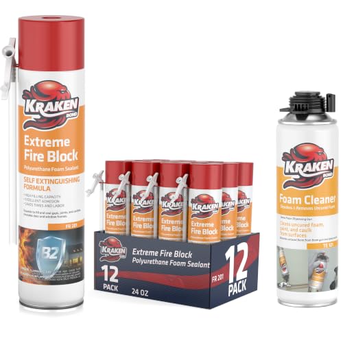 Kraken Bond Extreme Orange Fire Block Foam - (12x24oz) Fire Rated Polyurethane Spray Foam for Gap Filling, Sealing on Windows, Walls, Joints & Pipes, Straw Use Foam - Cleaner Included - 12 Pack