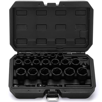 TecoTek 25PCS Impact Bolt Nut Extractor Kit, 1/2" & 3/8" Drive Bolt & Nut Remover Socket Tool Kit, Metric 8-27mm, CR-MO, Wheel Lock Removal for Extracting Damaged, Stripped Frozen Nuts & Screws