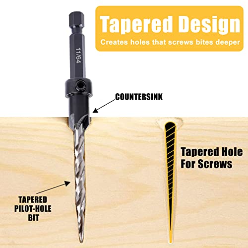 Wood Countersink Drill Bit Set, Newdeli 5Pcs Countersink Drill Bit #4、6、8、10、12, Tapered Drill Bits with 1/4" Hex Shank Quick Change and Allen Wrench, Counter Sinker Drill Bit Set for Woodworking - style: 5 Sizes Set(#4、6、8、10、12)