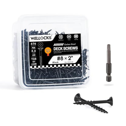 WELLOCKS #8 x 2 in Black Deck Screws, 5.2 lbs with T25 Bit - size: #8×2", style: 5.2LBS Black