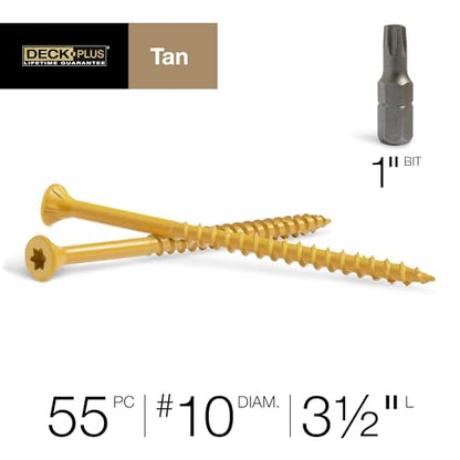 Deck Plus Deck Screws, #10 x 3-1/2in, 55 Pack, Tan - color: Tan, size: #10 x 3-1/2", style: 55 pcs