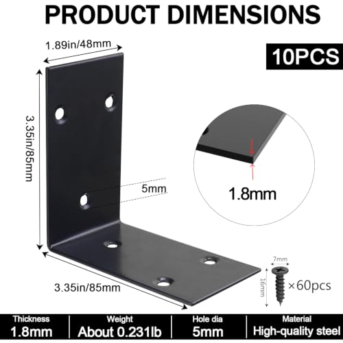 10 Pack 3.3"x3.3" L Brackets Heavy Duty 90 Degree Angle Brackets Large Black Corner Bracket Metal L Shape Bracket for Wood Furniture Framing Fence - size: 85X85MM