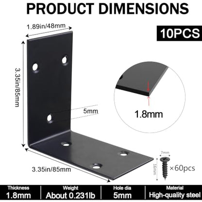 10 Pack 3.3"x3.3" L Brackets Heavy Duty 90 Degree Angle Brackets Large Black Corner Bracket Metal L Shape Bracket for Wood Furniture Framing Fence - size: 85X85MM