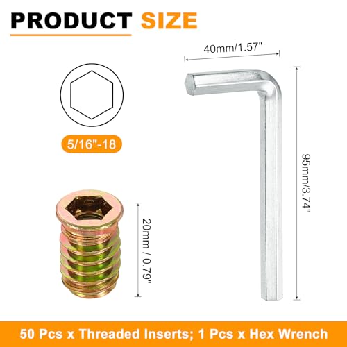 uxcell 50 Pcs Threaded Insert for Wood, 5/16" - 18 Carbon Steel Threaded Studs Hex Socket Drive Nut Inserts Screw in Nut Fastener Connector with Hex Wrench 20mm Length for Home, Gold - size: 5/16"-18x20mm