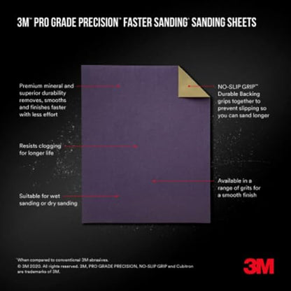 3M Pro Grade No-Slip Grip Advanced Sandpaper, 9 x 11"., 220 Grit, 100 per Case - size: 100