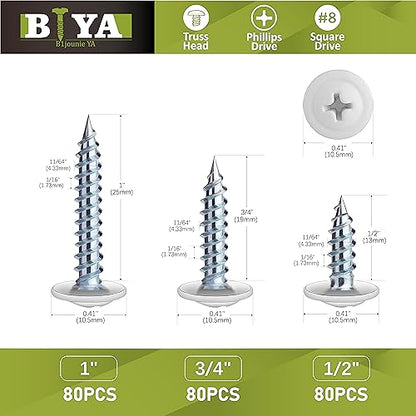 White Wood Screws 240pcs #8 Self Tapping Cabinet 3 Size 1/2 3/4 1 Inch - color: White, size: 240 SCREW COUNT