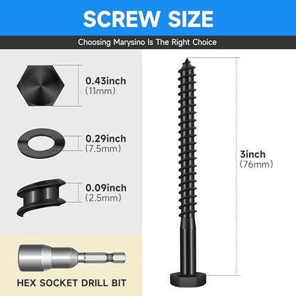 (20-Set) 1/4 x 3 Lag Screws for Wood, Stainless Steel Heavy Duty Hex Head Lag Bolts, Commercial/Industrial Grade 1/4 Bolts, Mounting Screws Bolts Kit, Black Oxided by Marysino - color: Black, size: 1/4" x 3"