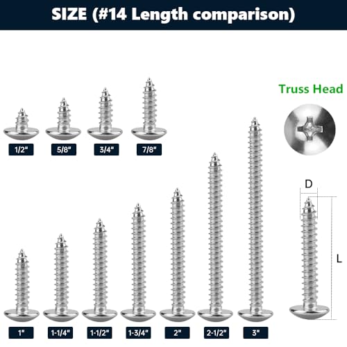 #14 x 5/8" Stainless Steel Truss Head Self Tapping Screws, 304 SS (18-8), Phillips Drive, Corrosion Resistant Screws for Wood, Metal & Sheet Metal Projects, 50 Pack - size: #14 x 5/8"