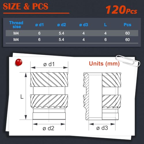 120Pcs M4 Threaded Inserts, M4 Female Thread Metric Knurled Nuts Assortment Kit, Brass Heat Set Insert for Plastic and 3D Printing Components (M4x4x6, M4x6x6)