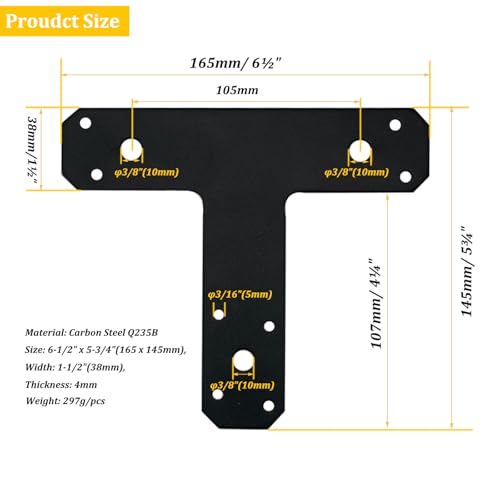 6 Pack T Shaped Plate, Black Flat Tee Mending Plate Bracket，Straight Fixing Repair Bracket Wood Furniture Joint Post to Beam Connectors Timber Support Hardware（6½" x 5¾", Width 1½", Thickness 4mm） - style: 2PCS