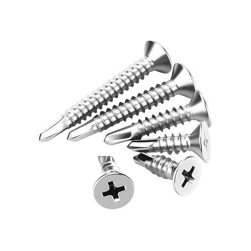 #6 x 1 (100 Pack) Flat Head Phillips Drive Sheet Metal Screws, Stainless Steel 410 Self Drilling Screws,Countersun Head Fast Self-Tapping Screws for Metal, Plastic, Wood