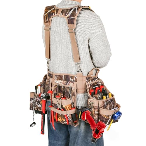 Chyaidach Camo 7 Piece Tool Belts for Men with Suspenders & Hard Bottom Pouches & Air Channel Support, Construction Tool Belt Framing Combo Heavy Duty Tool Rig for Carpenter Electrician Framer Roofing