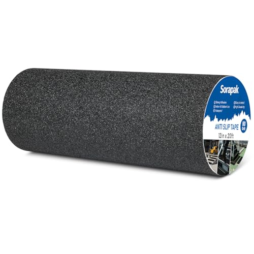 Black Anti Slip Tape 12in x 20ft, 80 Grit Waterproof Non Skid Grip Tape Roll for Ramps, Decks, Boat Decks, Warehouse Floors, Garages, Indoor & Outdoor Use - size: 12'' x 20 FT