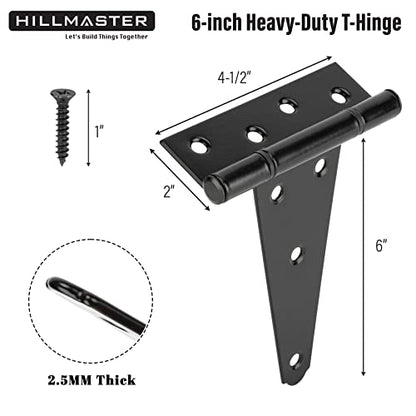 HILLMASTER 6 Inch T-Strap Heavy Duty Shed Door Hinges Gate Strap Hinges Black Tee Hinge Wrought Hardware for Wooden Fences,Yard,Barn Door,Rustproof (6 Pack) - size: 6in 6Pack