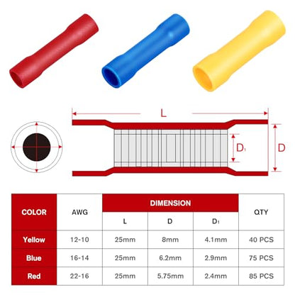 Nilight 200PCS Electrical Butt Connectors AWG 22-10 - color: 200PCS Insulated Butt Connectors
