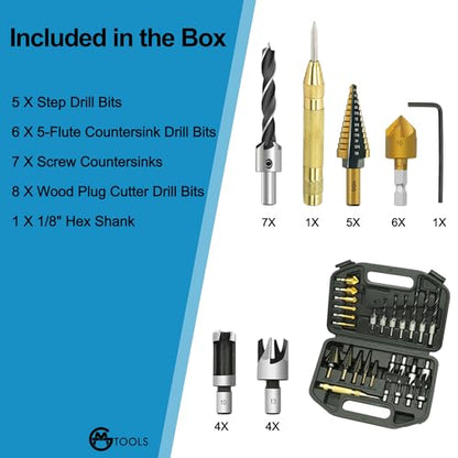 GMTOOLS 28Pcs Woodworking Chamfer Drilling Tools-Countersink Bit, Step Drill Bit Set, Wood Plug Cutter Drill Bit Set (2 Styles), 5-Flute Countersink Drill Bit, Positioning Punch and 1pc Hex Wrench - style: Set 27pcs