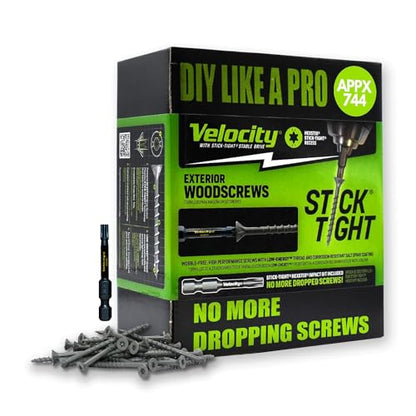 Velocity Exterior 2 Inch Wood Screws and T20 Torx Bits (Size #8) – Stick Tight Technology, Made with Carbon Steel, Includes Hexstix Bit & Storage Organizer Fence Screws for Wood (744 Pieces) - size: #8 x 2", style: 5LB Large Box
