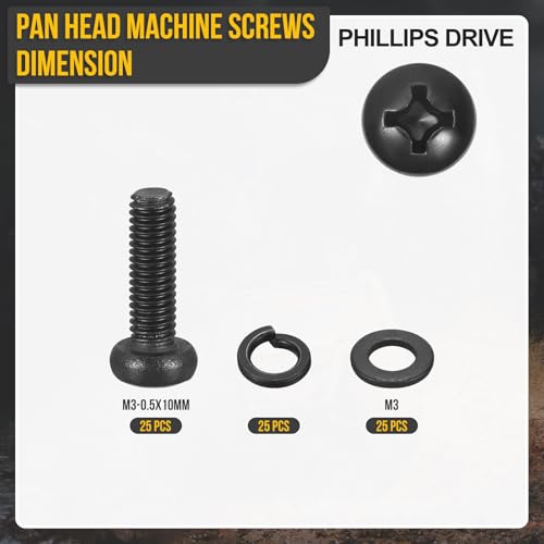 DTGN M3-0.5x10mm Phillips Pan Head Machine Screw W/Washer Black 75Pcs - size: M3-0.5x10mm