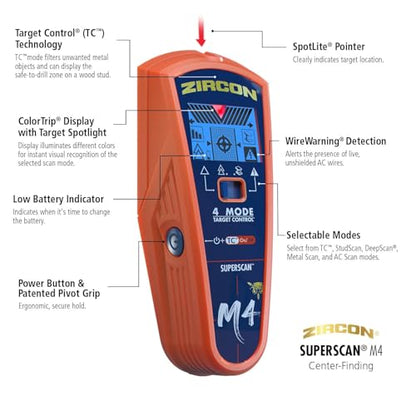 Zircon® SuperScan™ M4 Advanced Stud Finder with Metal & Live Wire Detection