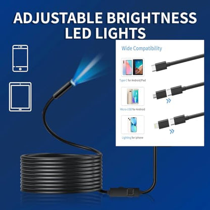 Endoscope Camera with Light, 1920P HD Borescope Camera with 16.4FT Semi-Rigid Snake Cable, 8 LED Lights IP67 Waterproof Inspection Camera for iPhone Android - style: Single-Len