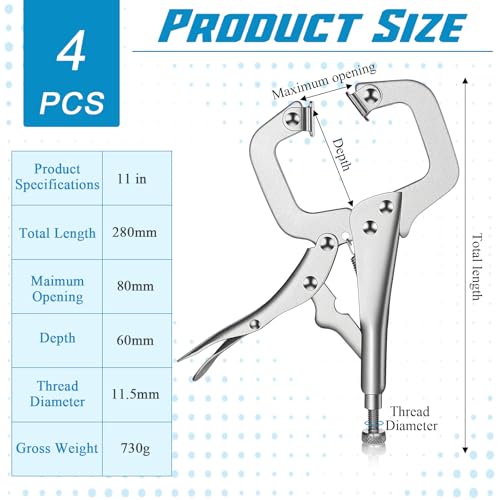 4 Pcs 11 Inch Locking C Clamp Heavy Duty Welding Clamps Pliers Vise Grip Clamps with Swivel Pad with Regular Tip and Swivel Pad for Craftsmen Home Workshop - size: 11 Inch,Set of 4