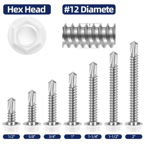 #12 x 1-1/2" Hex Washer Head Self Drilling Sheet Metal Screws with Drill Point, Stainless Steel 410, White Head, 50 PCS - color: White, size: #12 x 1-1/2"