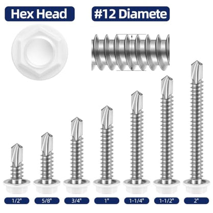 #12 x 1-1/2" Hex Washer Head Self Drilling Sheet Metal Screws with Drill Point, Stainless Steel 410, White Head, 50 PCS - color: White, size: #12 x 1-1/2"