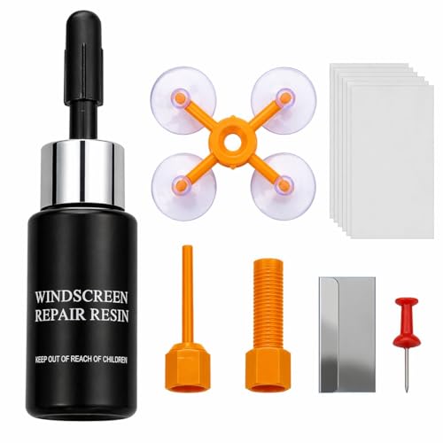 Windshield Repair Kit for quick DIY repair of small chips and cracks. Resin fills damage to improve clarity and reduce visibility. Suitable for bullseye, star, and minor damage. Easy home use