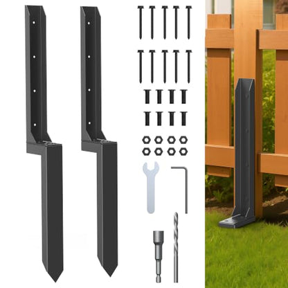 Fence Post Repair Kit for Leaning Fences, No-Dig, Black, 2-Pack - color: Black
