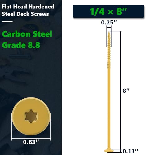 12 Pack 1/4 x 8 inch Heavy-Duty Structural Wood Screws, Star Drive, Rust Resistant Screws for Deck, Timber, Log, Landscaping, Yellow Epoxy Coated, Sharp Self Tapping Point, T30 Bit Included - color: Yellow, size: 1/4 x 8"