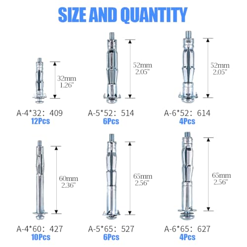 Glarks 42Pcs 6 Size Heavy Duty Zinc Plated Steel Molly Bolt Hollow Drive Wall Anchor Screws Assortment Kit for Drywall, Plaster and Tile - size: 42Pcs 6 Sizes Assortment Set