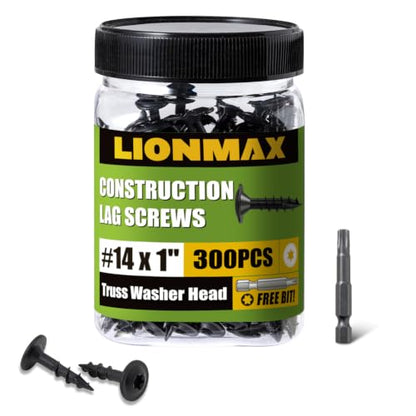 LIONMAX Lag Screws 1 Inch, Structural Wood Screws #14 x 1, 300-PCS, Black - color: Black, size: #14 x 1"