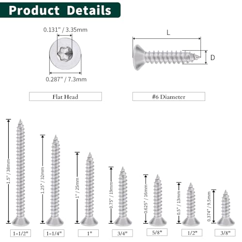 #6 x 1 Flat Head Torx Drive Self Tapping Screws for Wood and Sheet Metal, 304 Stainless Steel 18-8, Corrosion Resistant Countersunk Star Drive Head Screws, Pack of 100 - size: #6 x 1"