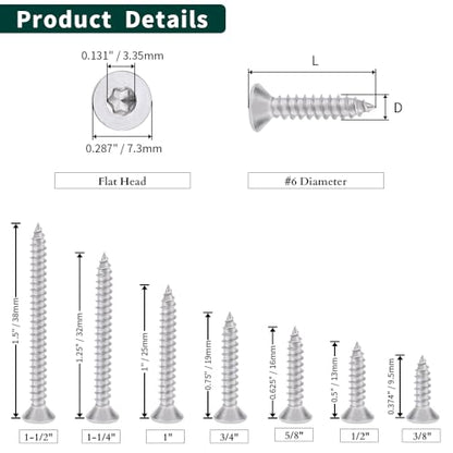 #6 x 1 Flat Head Torx Drive Self Tapping Screws for Wood and Sheet Metal, 304 Stainless Steel 18-8, Corrosion Resistant Countersunk Star Drive Head Screws, Pack of 100 - size: #6 x 1"