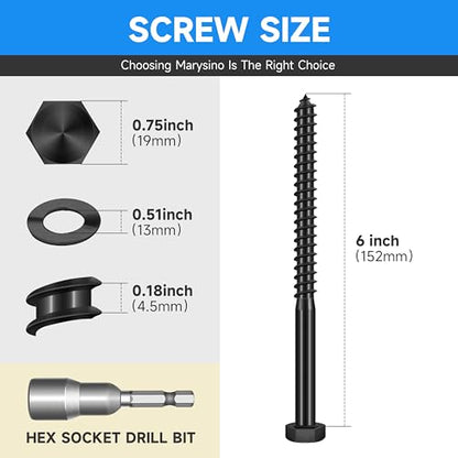 (4-Set) 1/2 x 6 Lag Screws, Stainless Steel Heavy Duty Hex Head Lag Bolts for Wood, Commercial/Industrial Grade 1/4 Bolts, Mounting Screws Bolts Kit, Black Oxided by Marysino - color: Black, size: 1/2 x 6"