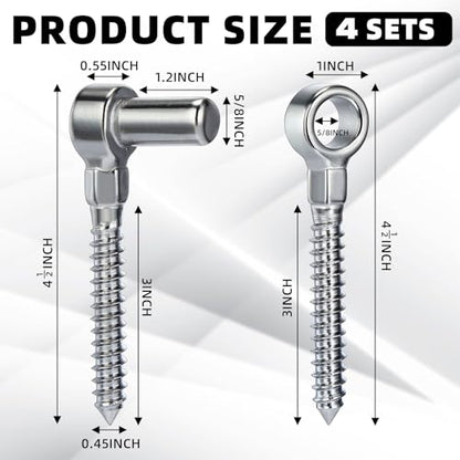 Zonon One Piece 304 Stainless Steel Gate Hinges Set, Eye Hinge and Pin Hinge, Screw Hinges to Mount for Wooden Gates Fences with Hole Dia 5/8'', Silver (4 Pairs)
