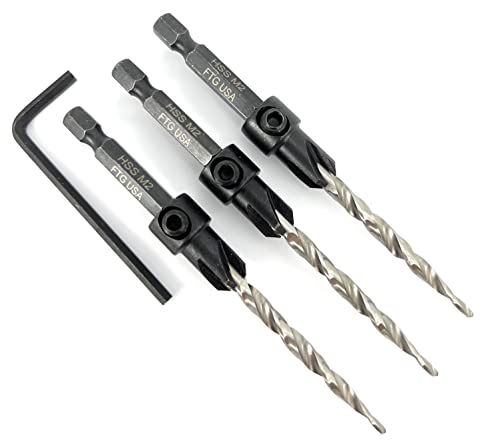 FTG USA #10 (3/16") Wood Countersink Drill Bit 3-Pc Set with Hex Key - size: #10, style: 3 Pc w/o Depth Stop