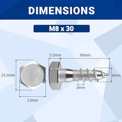 20-Sets M8 x 30mm Hex Head Lag Screws Bolts with Flat Washers, 304 Stainless Steel (18/8), Partial Thread, Heavy Duty Hex Head Lag Deck/Wood Screws - size: M8 x 30mm