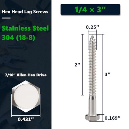12-Sets 1/4 x 3 Hex Head Lag Screws & Flat Washers, Heavy Duty Lag Wood Screws, 304 Stainless Steel (18-8), 1/4" Bolt - size: 1/4 x 3