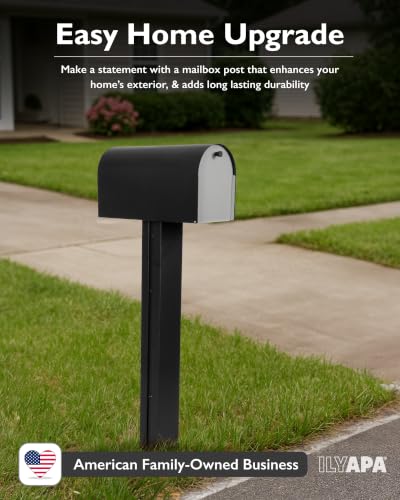Ilyapa Black Mailbox Post for Outside, 43x4x4 inch Modern Metal Post Sleeve with Universal Mounting Plate Bracket for Curbside Residential Mailbox, Heavy Duty Outside Mailbox with Grooved Sides - color: Black Deluxe