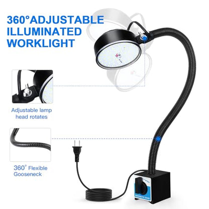 20W Magnetic LED Work Light, 2000LM, 500mm Flexible Gooseneck, for Sewing Machine, Lathe, Work Bench, Shop Lighting