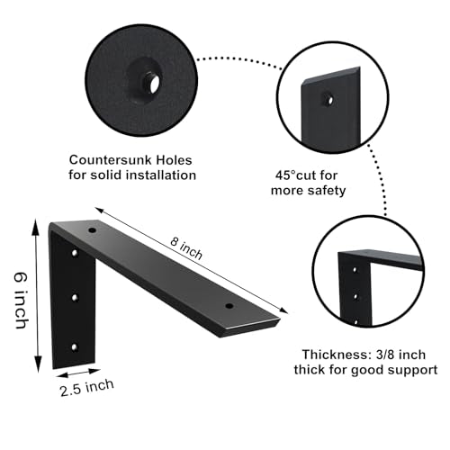 Countertop Support Bracket 2 Pack 8 inch Heavy Duty 3/8" Thick Black Granite Countertop Bracket 8"x6"x2.5" Shelf L Bracket Mantel Corbels for Quartz/Granite/Wood/Concret/Laminate Countertops - size: 8"x6"x2.5"-2pack, style: Black-3/8" Thick