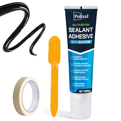 Black RTV Silicone Sealant Adhesion – 100% Silicone Caulk, Waterproof Sealant for Windshield, Headlights, Sunroof, Kitchen, Bathroom & Home Fast Curing, Crack-Proof – 5oz/150g