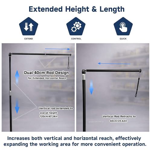 Dust collection boom arm, Adjustable Clamp Mount Hose Holder with 360° Rotatable Swivel Head & Two 40cm Extension Arms for CNC Lathe Woodworking Table Saw Router Table Dust Collection System
